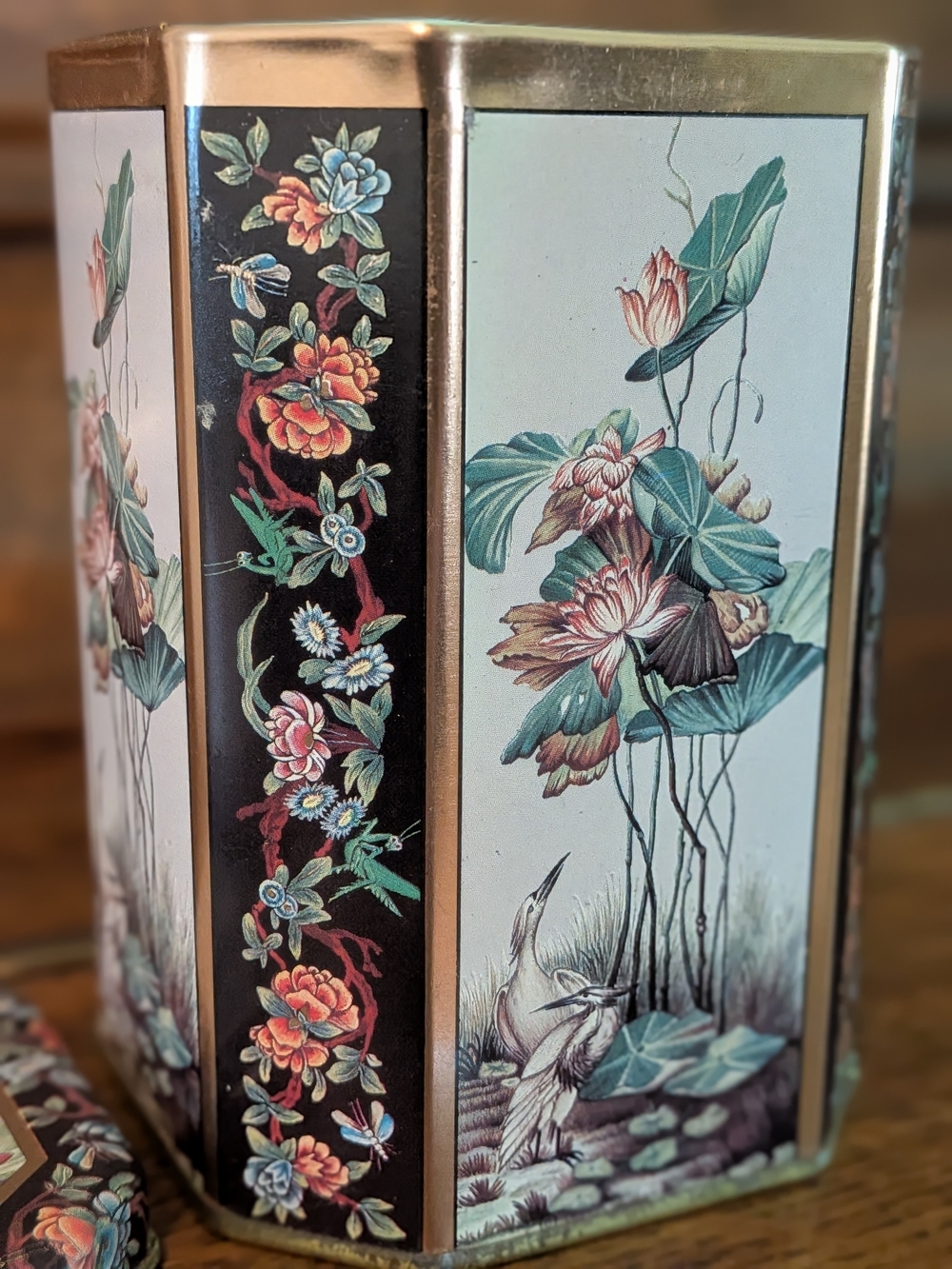 Meister Brazil Octagonal Tin Lotus Crane Floral Brass Chinoiserie